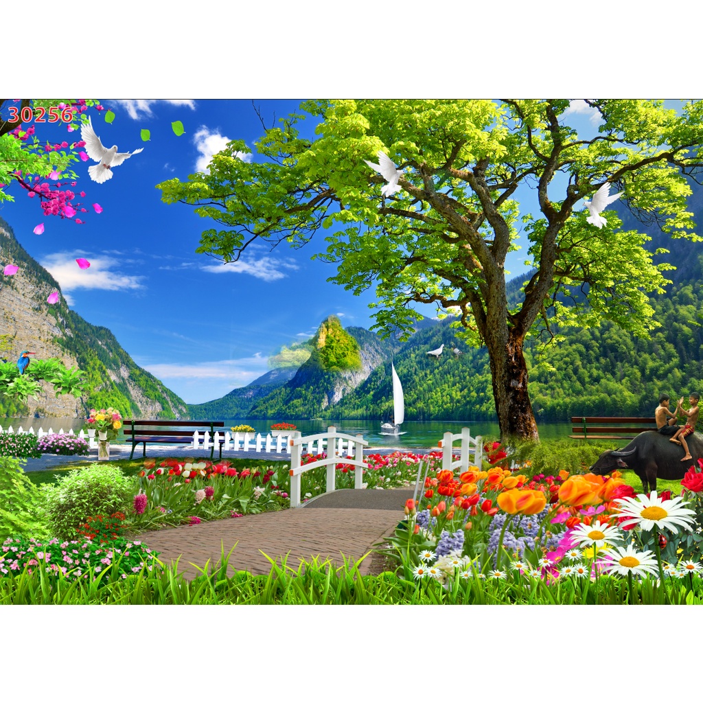 Tranh phong cảnh hồ nước thơ mộng siêu đẹp, phong cảnh giống Thuỵ Sĩ thiết kế đẹp