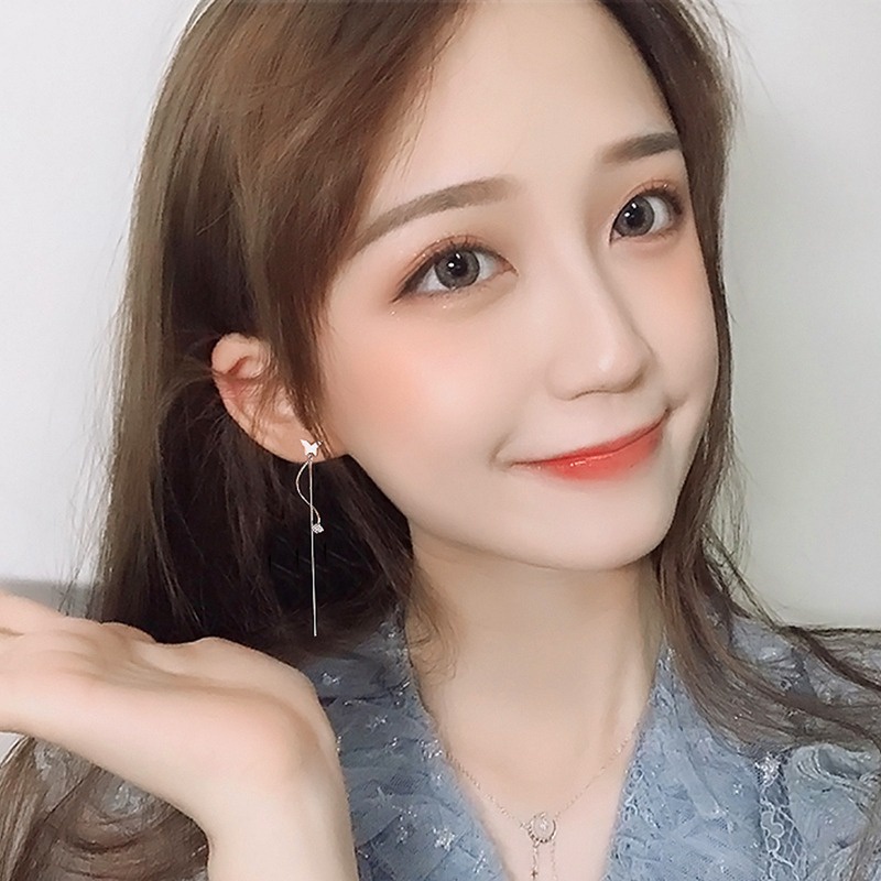 1 Cặp Bông Tai Tua Rua Dáng Dài Hình Trái Tim/Bướm Pha Lê S925 Cho Nữ