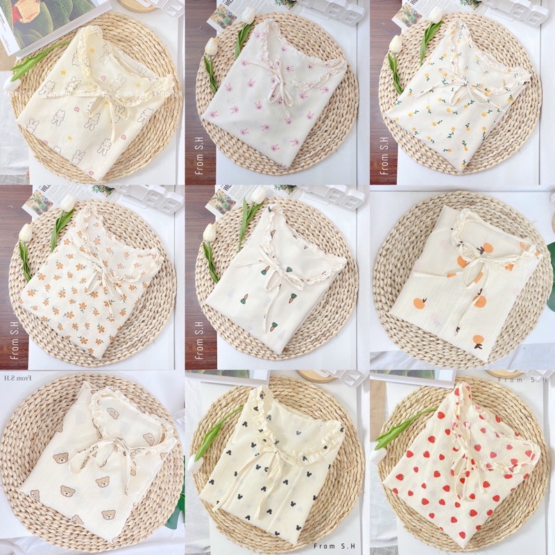[ ẢNH THẬT ] Pijama cổ nơ xốp đũi Hàn dáng dài hoạ tiết xinh xắn. Bộ ngủ nữ hoạt hình dễ thương