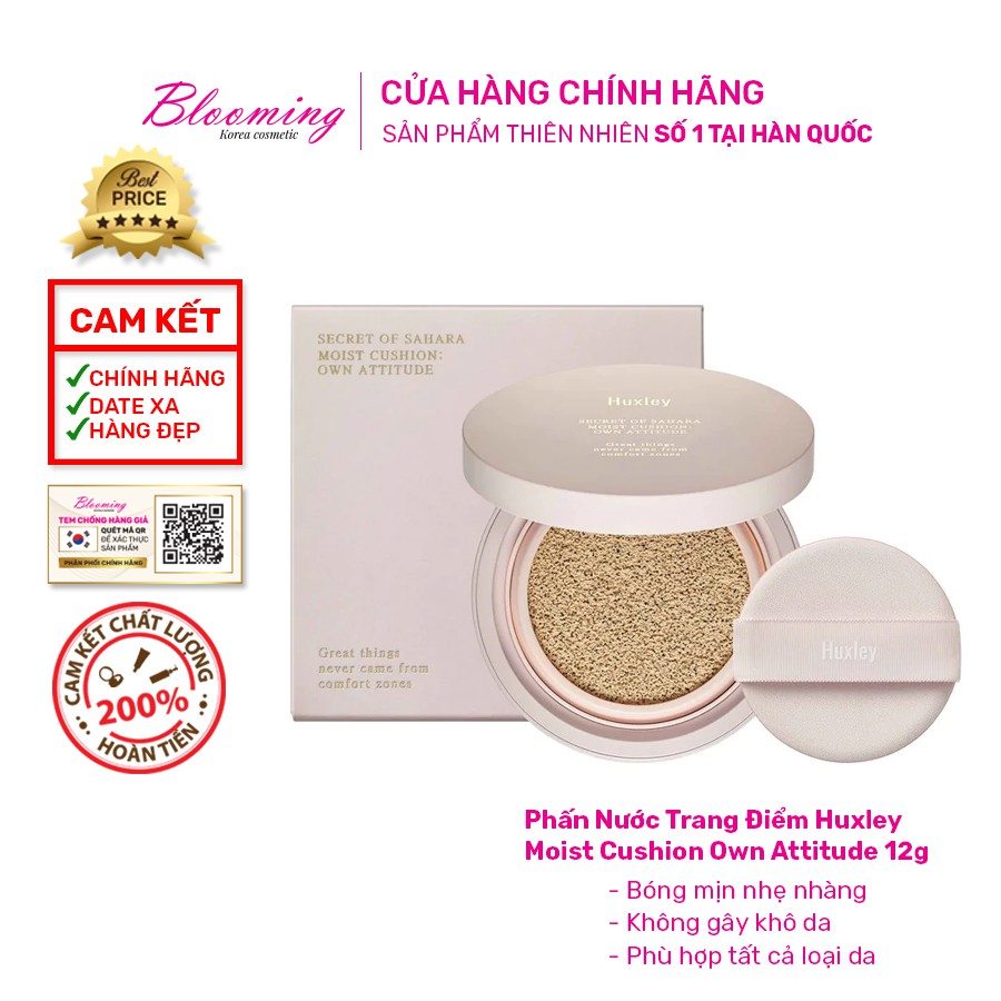 Phấn nước mịn lì mờ khuyết điểm Huxley Moist Cushion Own Attitude 12g SPF24/PA++/Giữ bền màu suốt 6-8 tiếng
