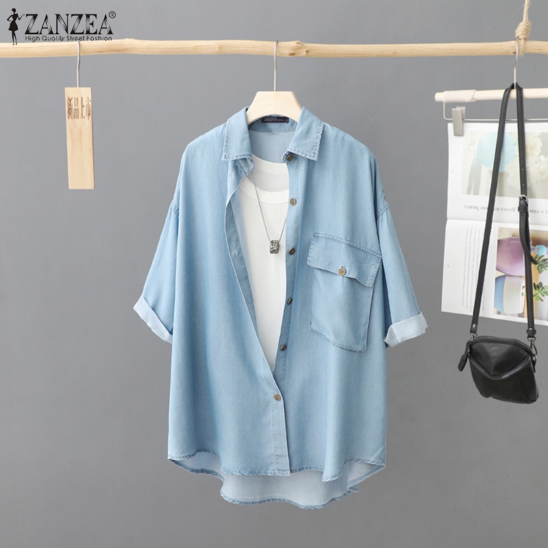 ZANZEA Áo Sơ Mi Denim Tay Ngắn Đơn Giản Dễ Phối Đồ Thời Trang Cho Nữ
