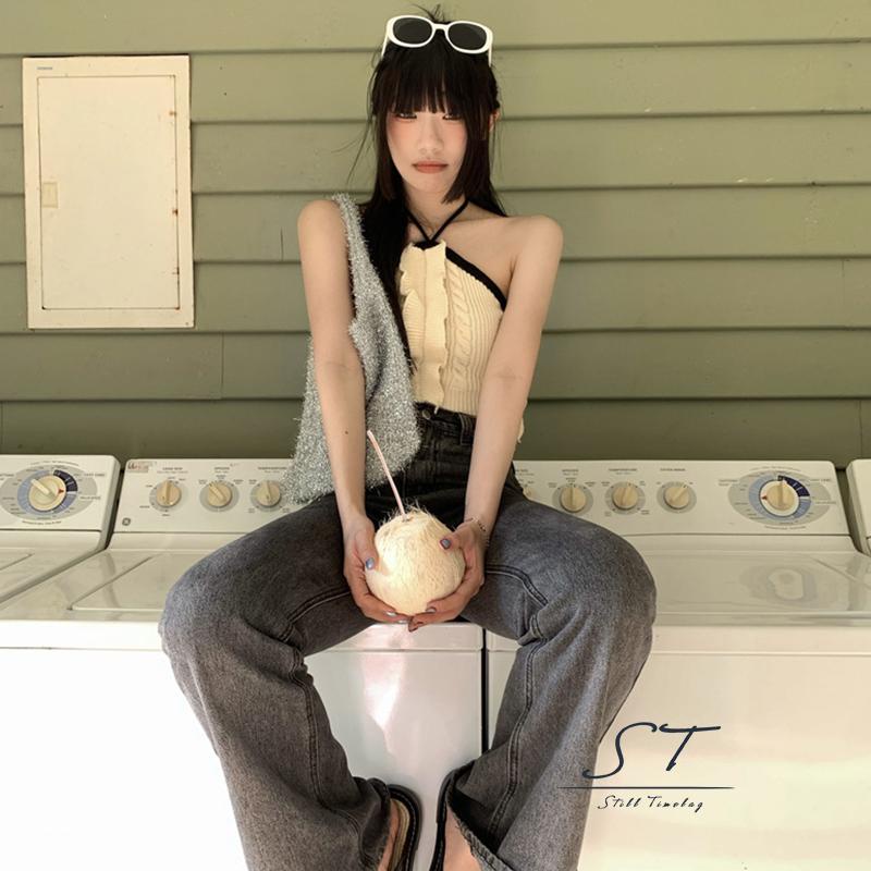 NFW-Ladies Slim Midriff-baring Tank Top, Women Leisure Style Contrast Color Hanging Neck Splicing Backless Sleeveless