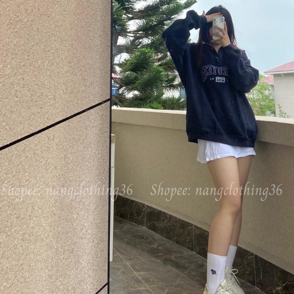 Áo Sweater Nỉ, Áo Sweater Nữ Form Rộng Cá Tính Ulzzang Xanh Đen Cổ Bẻ Chất Nỉ Ngoại Dày Dặn Freesize 38-70kg