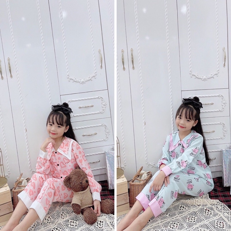 Bộ pijama tay dài quần dài chất lụa mango cho bé gái size đại 20-38kg