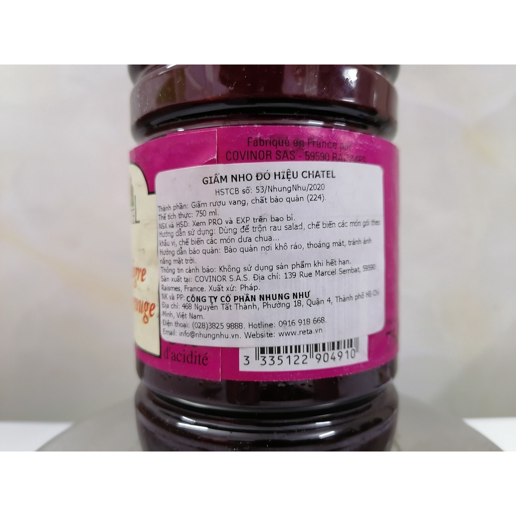 [Chai nhựa 750ml] GIẤM NHO ĐỎ [France] CHATEL Red Vinegar (nhn-hk)