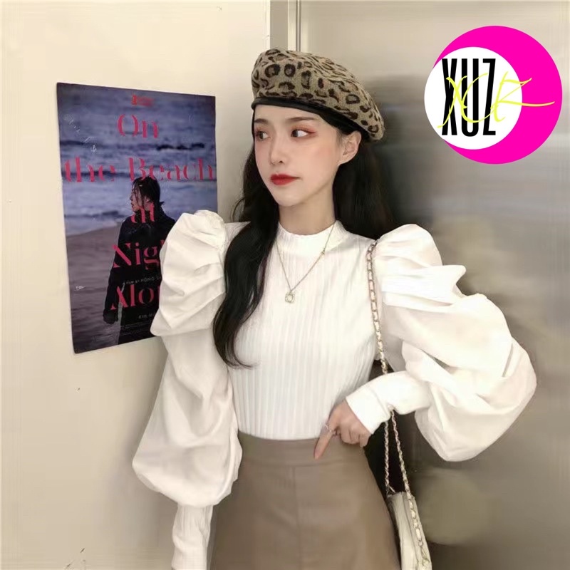 A7 Áo Len Tăm Tay Bồng Sơ Mi Có Hai Màu Thu Đông