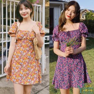Đầm cổ vuông ngắn tay in hoa thanh lịch cho nữ
