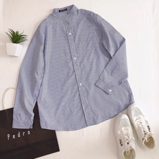 Áo sơ mi oversize cổ trụ sọc xanh 1 túi