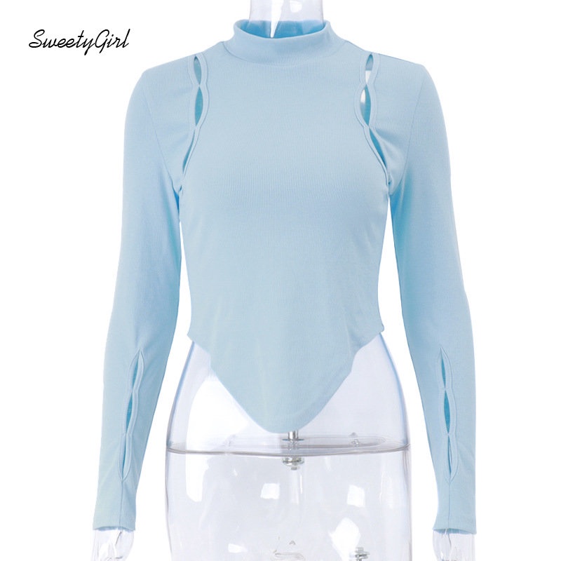 Áo Thun Tay Dài Cổ Lọ Dáng Ôm Màu Trơn Khoét Lỗ Thời Trang 2022 Cho Nữ