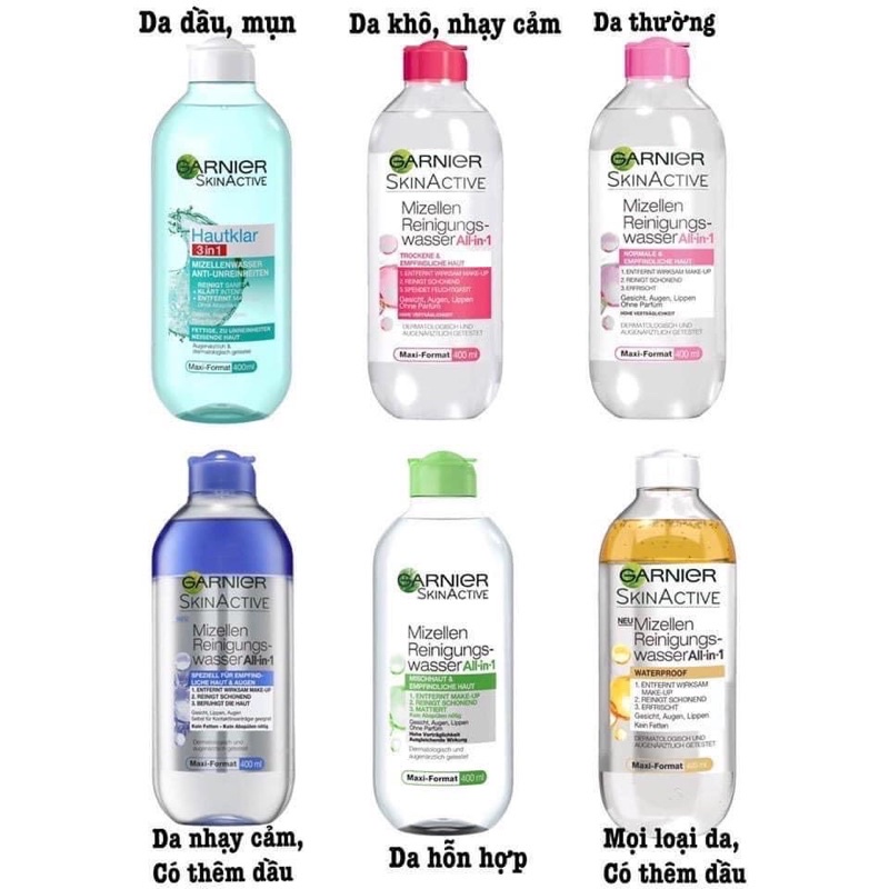 Nước Tẩy Trang Garnier Micellar Cleansing Water Pháp 400ml Vàng Dầu Hồng Xanh dương tẩy trang sạch sâu, hiệu quả.