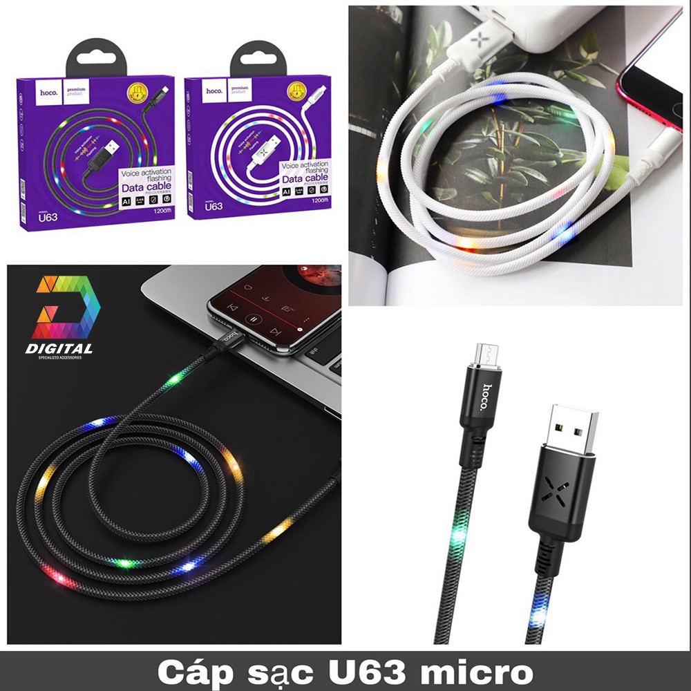 Cáp Hoco U63 Chính Hãng Phát Sáng Theo Nhạc ( Micro - Lightning - Type-C )