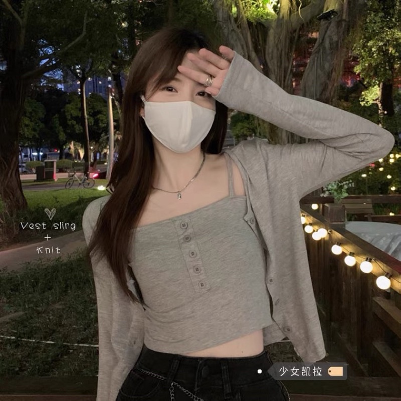 Set Áo Hai Dây Nữ Dáng Croptop + Áo Khoác Thun Gân Dáng Croptop Nữ Tính Summer 2022