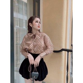 Áo sơ mi chấm bi nâu tây nữ cực sang trọng a86