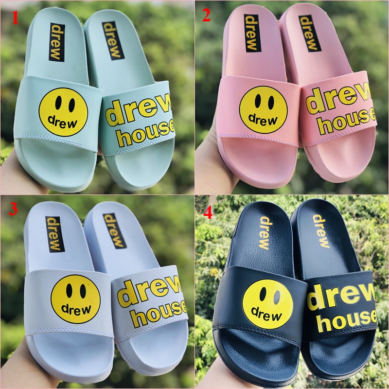 Dép 𝐃𝐑𝐄𝐖 ❤️FULL BOX + FREESHIP❤️ dép mlb drew house mặt cười quai ngang thể thao nam nữ chất xịn kèm tag mác, hồng