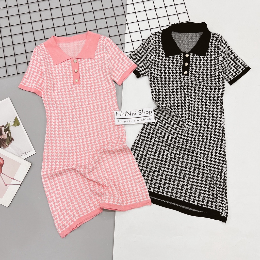 Váy len dáng ôm body cổ bẻ kẻ caro, Đầm len ngắn tay co giãn VS1561 - NhiNhi Shop