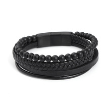 Stainless Steel Suction Clasp with Multi-Layer Woven Leather Bracelet Retro Popular Couple Titanium Steel Bracelet