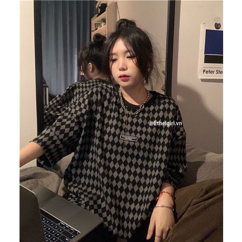 Áo Thun Nữ Ngắn Tay Cổ Tròn Họa Tiết Caro Phong Cách Harajuku retro