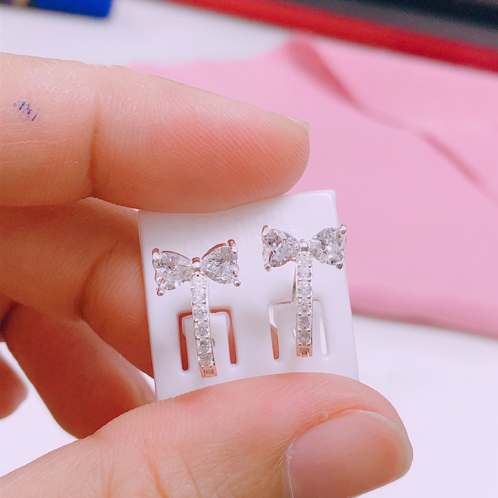 Bông tai bạc nữ dạng khoen tròn bấm hình nơ gắn đá nhỏ - Bạc Bibi