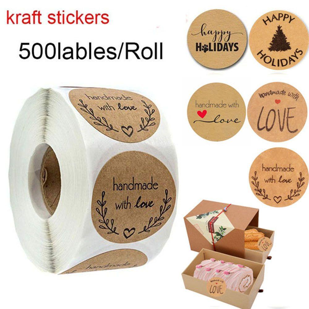Set 1 / 500 Miếng Dán Trang Trí Túi Bánh Quy / Quà Tặng In Chữ Handmade with Love Xinh Xắn