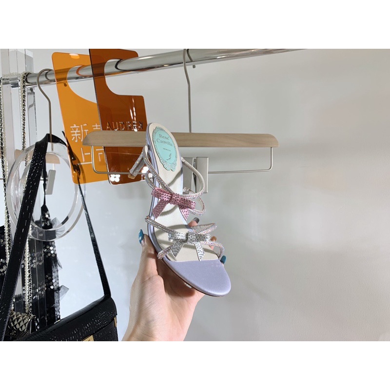 Dép cao gót 4 quai nhỏ đính đá thương hiệu Rene Caovilla da thật cao cấp