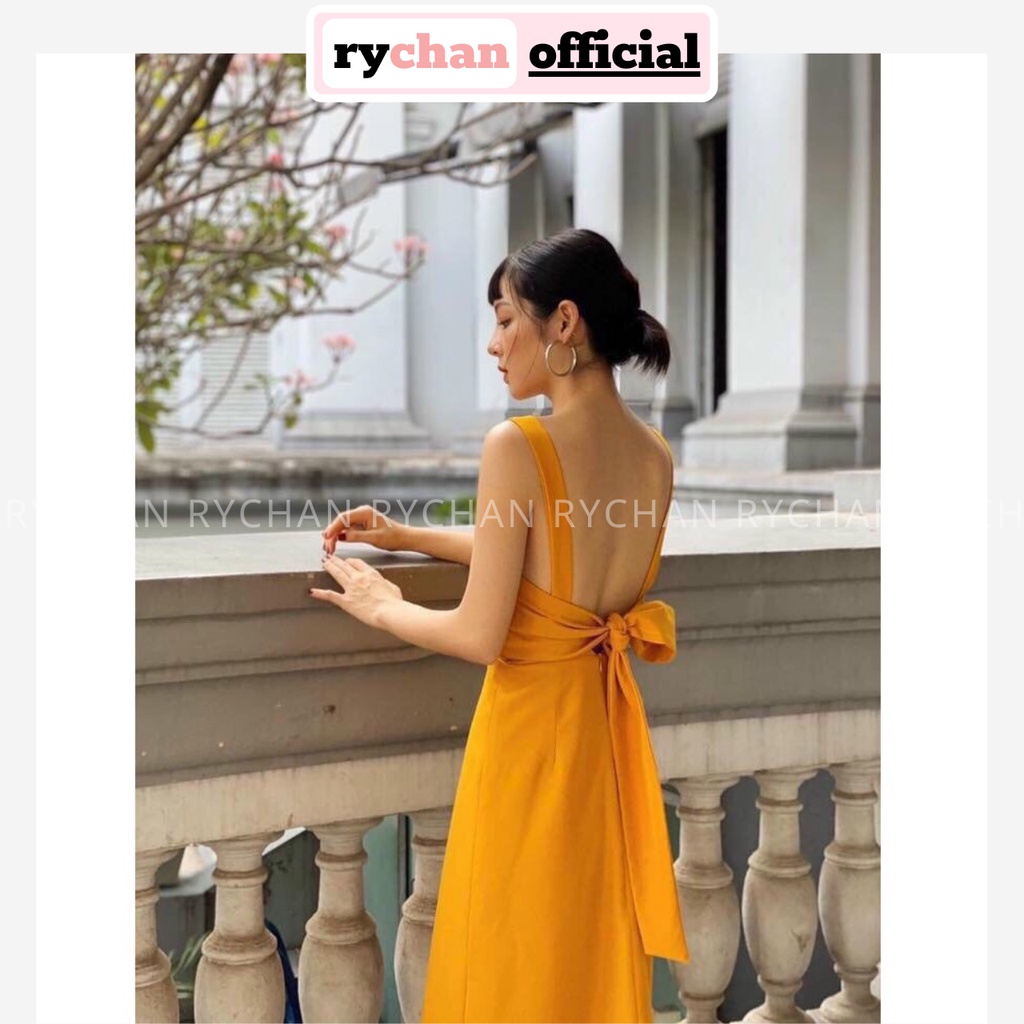Đầm Maxi Đi Biển  Vàng Nghệ Hai Dây Nơ Sau  DM935