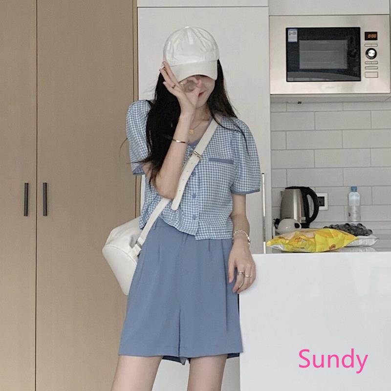 Áo Sơ Mi Tay Ngắn Dáng Rộng Kẻ Sọc Hoặc Quần Short Lưng Cao Ống Rộng Thời Trang Mùa Hè Cho Nữ Có Bán Nguyên Set
