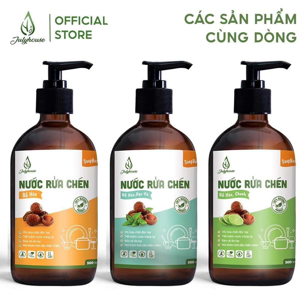 Nước rửa chén hữu cơ chiết xuất Bồ Hòn và tinh dầu Bạc Hà 200ml JULYHOUSE khử mùi tanh