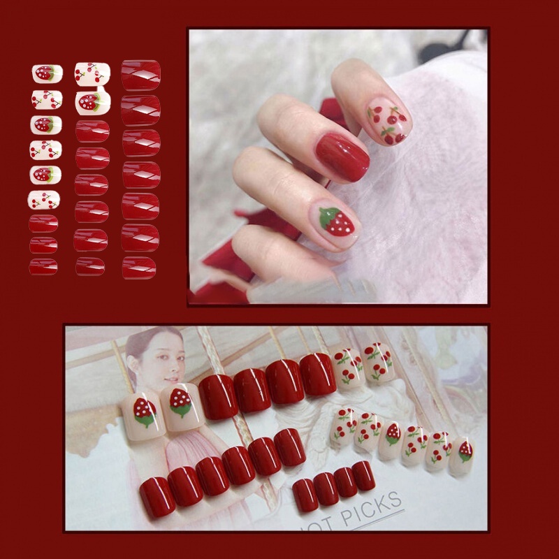 [Hàng mới về] Set 24 móng tay giả họa tiết quả cherry/dâu dễ thương cho nữ