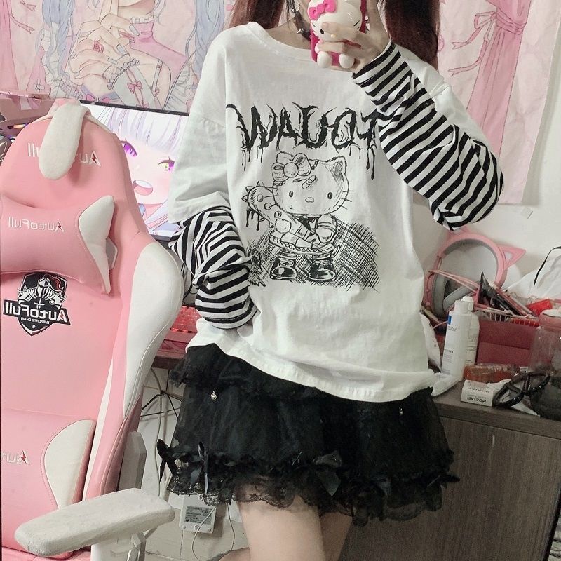 Áo Thun Tay Dài Giả Hai Lớp Dáng Rộng Mềm Mại In Hình Hello Kitty Thời Trang Nhật Bản 2022 Dành Cho Bạn Nữ Y2k