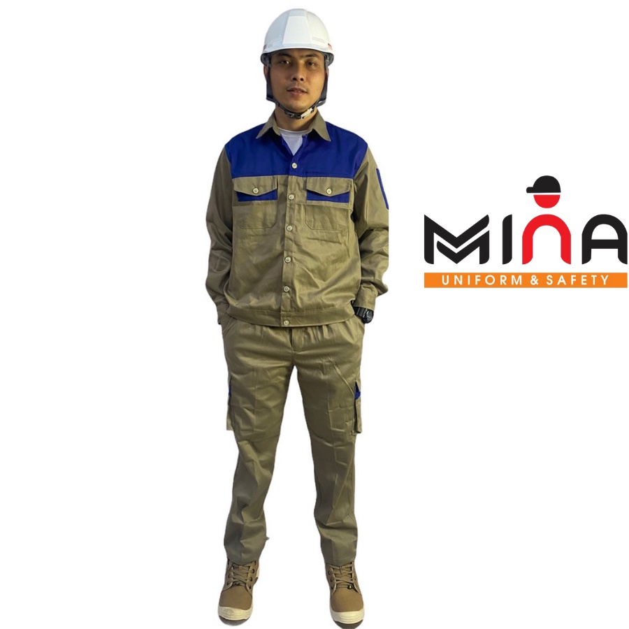 Quần Áo Bảo Hộ Lao Động - Bộ Ghi Nâu Phối Xanh - Vải Kaki 31 - Quần Túi Hộp