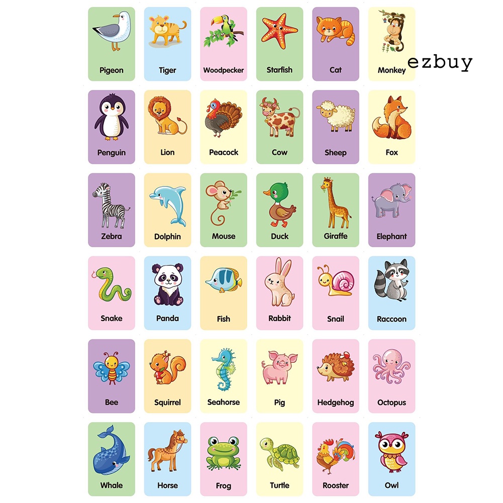 Set 36 Thẻ Học Tiếng Anh Hình Động Vật Hoạt Hình Nhiều Màu Sắc Cho Bé