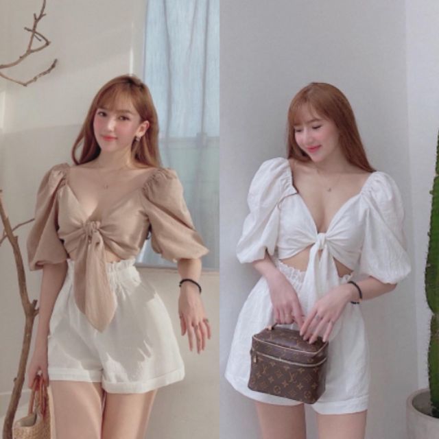 Set crop cột nơ tay phồng