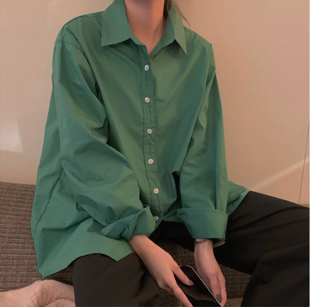 Áo Sơ Mi Màu Trơn Tay Dài Dáng Rộng Phong Cách Hàn Quốc Cho Nữ