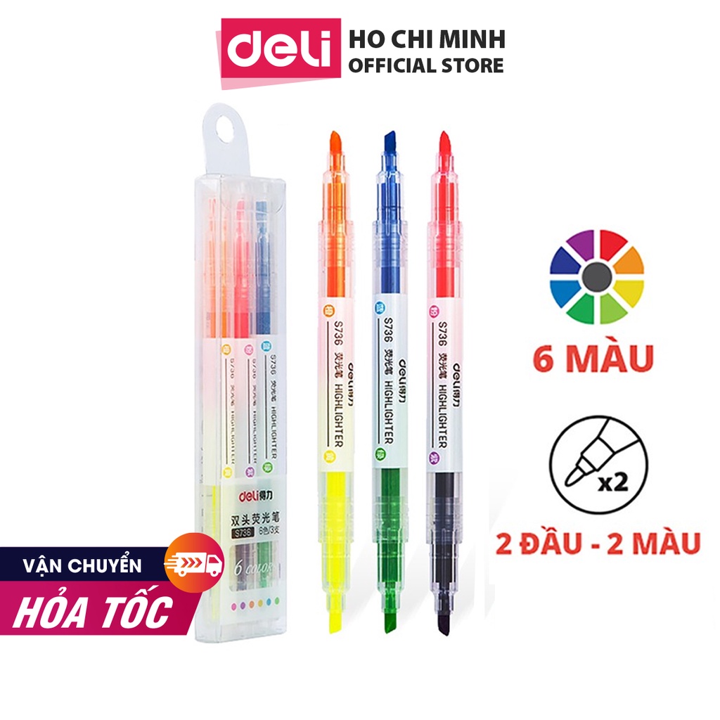 Bộ 3 bút highlight dạ quang hai dầu đánh dấu nhớ dòng cute marker 6 màu Deli ghi chú bullet journal trang trí sổ tay