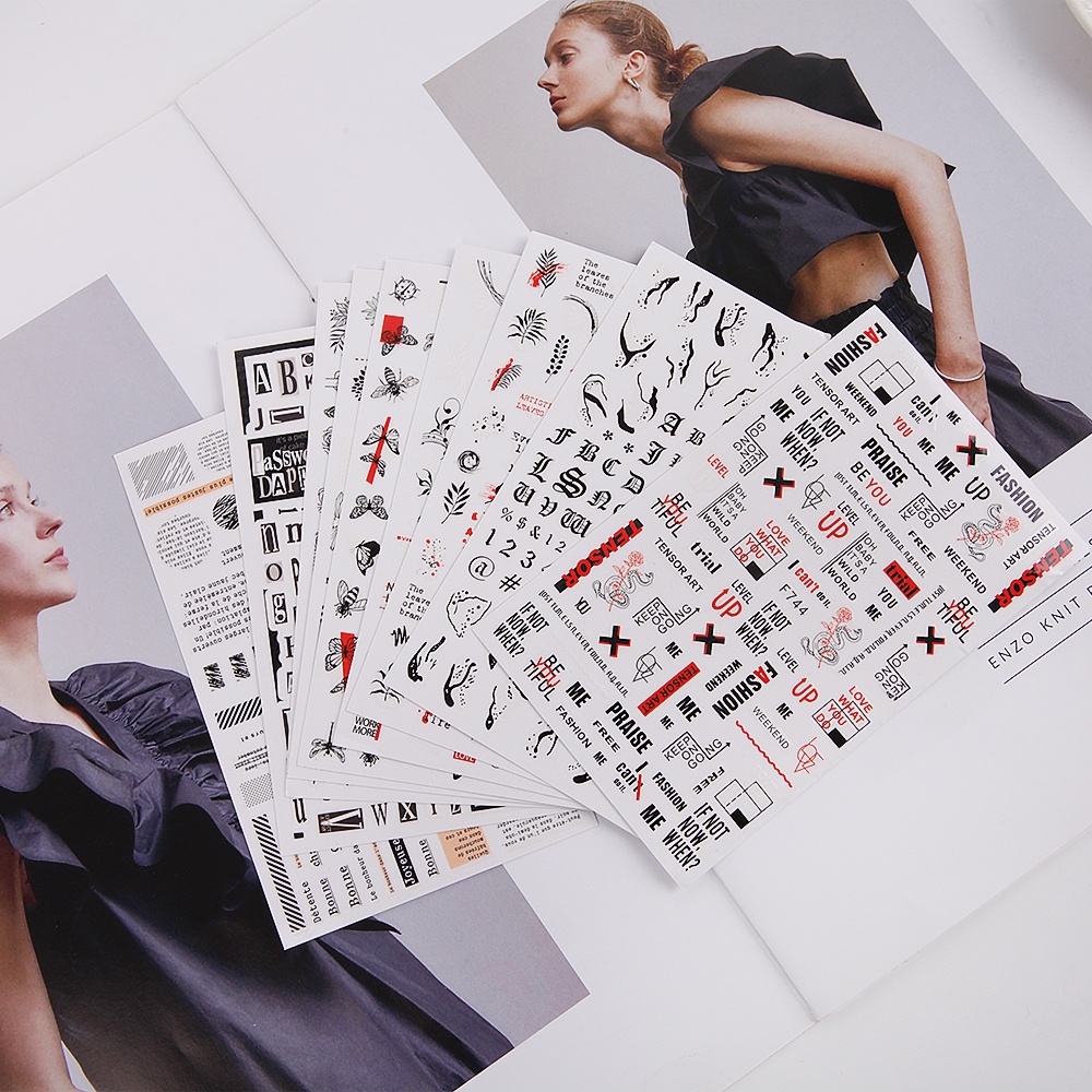 1 Tấm Nhãn Dán Trang Trí Móng Tay 3D Họa Tiết Chữ Cái/ Lá Phong/ Hình Học Màu Trắng/ Đen