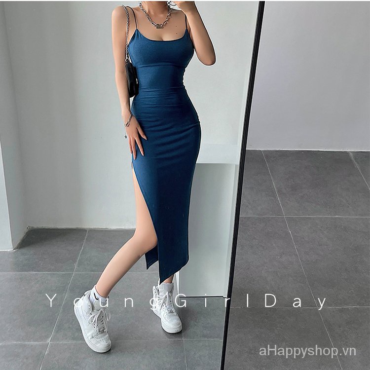 Đầm hai dây ôm dáng xẻ tà cao thời trang Âu Mỹ quyến rũ cho nữ 2021