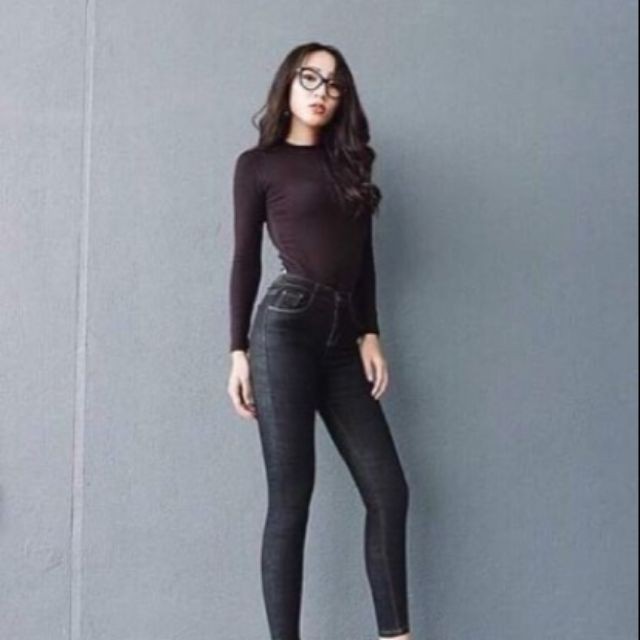 Quần jean nữ lưng cao màu đen xước vải co giãn