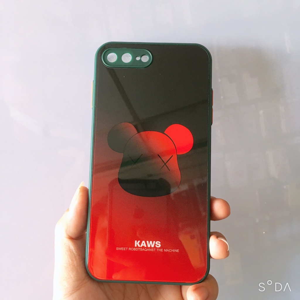 Ốp lưng kính viền vuông Gấu Kaws, phím bấm màu iPhone 6.6s/6Plus/7/8/7Plus/8Plus/ Xs Max