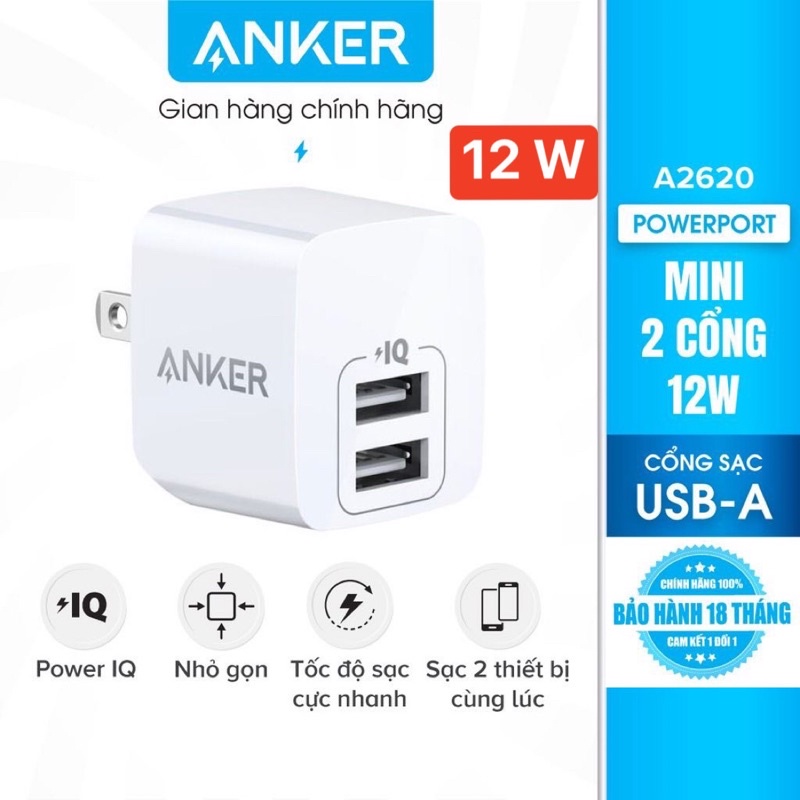 Sạc Anker PowerPort Mini 2 Cổng 12w Bảo Hành 12 Tháng