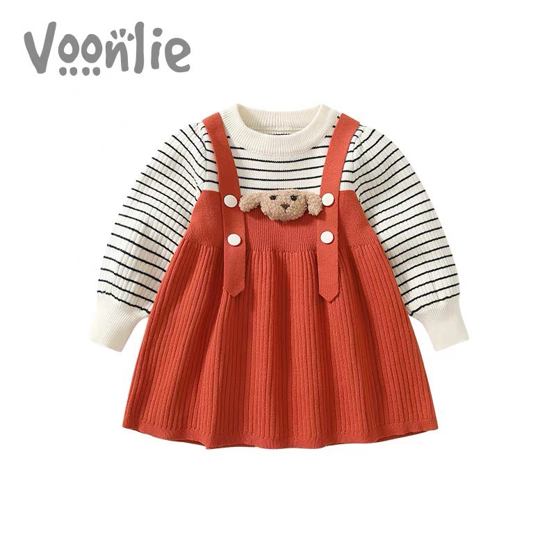 Váy cho bé gái, váy yếm len xốp phối áo kẻ dài tay dễ thương cho bé
