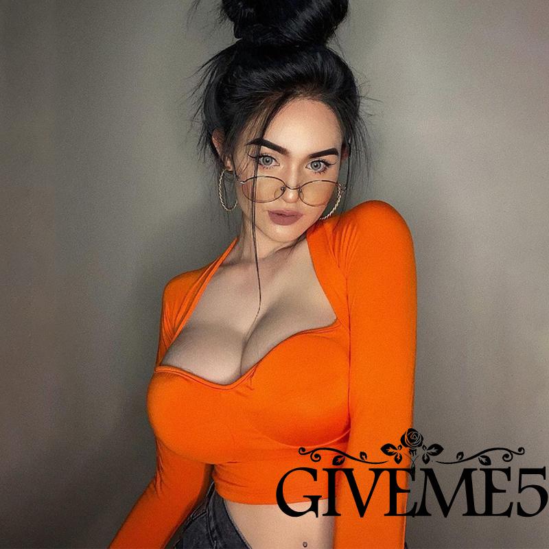 Áo Thun Crop Top GIVEME Tay Dài Cổ Chữ V Màu Trơn Thời Trang Hè Thu Cho Nữ