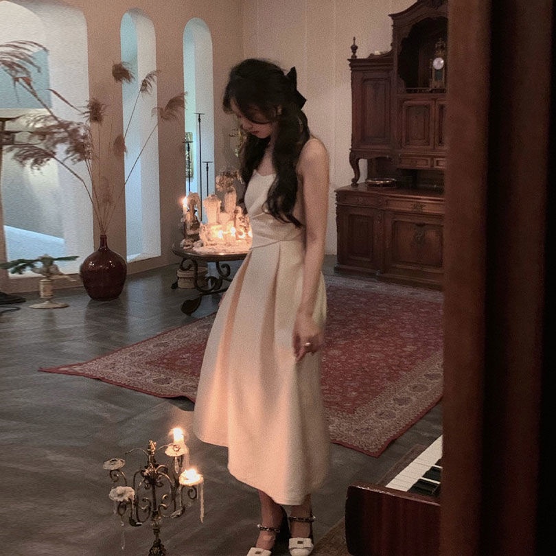 Đầm Hai Dây Dáng Dài Chiết Eo Thời Trang Mùa Hè Pháp Thanh Lịch Cho Nữ