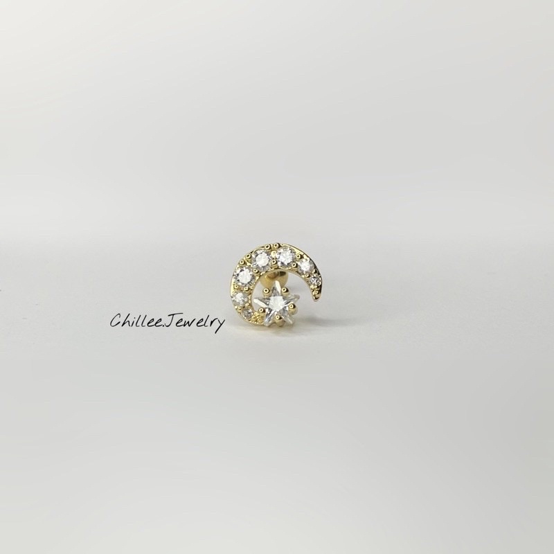 Khuyên tai xỏ titan G23 CHỐNG DỊ ỨNG y tế nữ hình mặt trăng ngôi sao CHILLEE