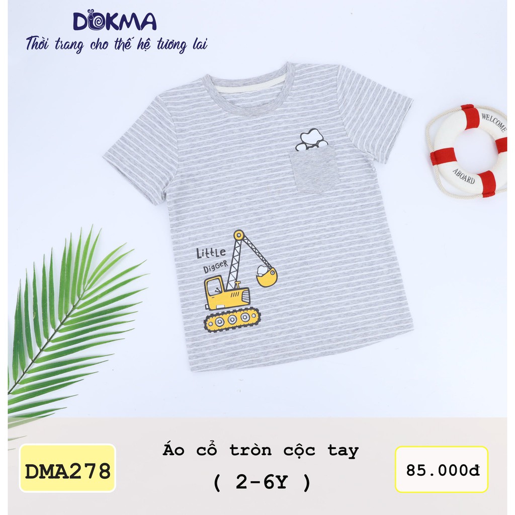 DMA278 Áo cổ tròn cộc tay bé trai Dokma kẻ ngang phối túi vải sợi tre (2-6T)