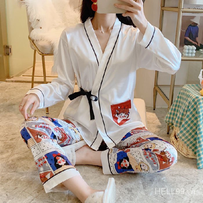 Bộ Đồ Ngủ Kimono Tay Dài Vải Lụa Lạnh Phối Dây Buộc Phong Cách Nhật Bản Thời Trang Xuân Thu Cho Nữ | BigBuy360 - bigbuy360.vn
