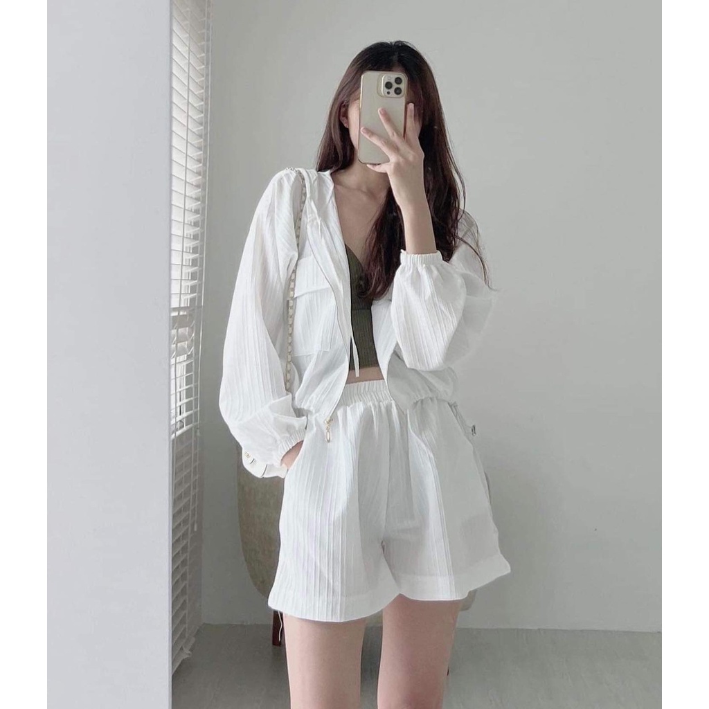Set Đồ Bộ nữ Chất Liệu Đũi Nhăn FreeShip Áo Khoác Kèm Quần Đùi Phong Cách Hàn Quốc