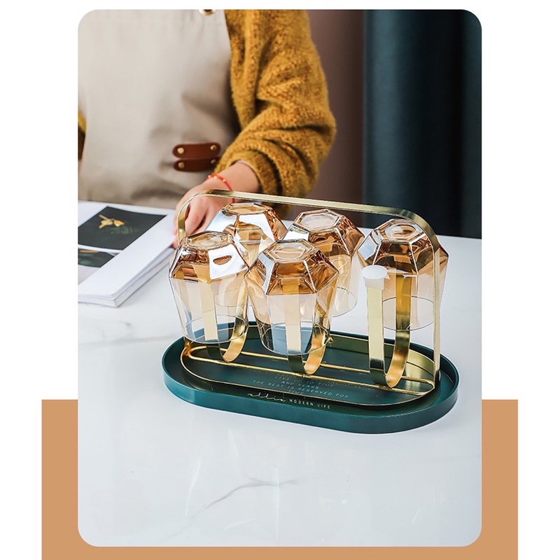 ÚP CỐC DECOR CÓ KHAY HỨNG NƯỚC | GIÁ ÚP LY CỐC SƠN TĨNH ĐIỆN KÈM KHAY PHONG CÁCH RETRO BẮC ÂU KHÔNG HOEN GỈ CAO CẤP