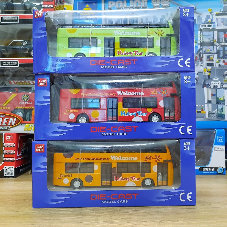 Mô hình ô tô Xe buýt hai tầng Die cast bằng kim loại - Đồ chơi trẻ em xe có âm thanh và đèn chạy bằng cót