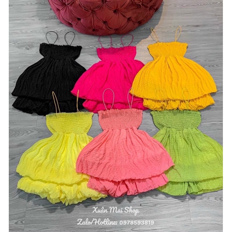 Set xốp nhún co giãn áo hai dây xoè bồng babydoll phối quần bí 6 màu bán rất chạy