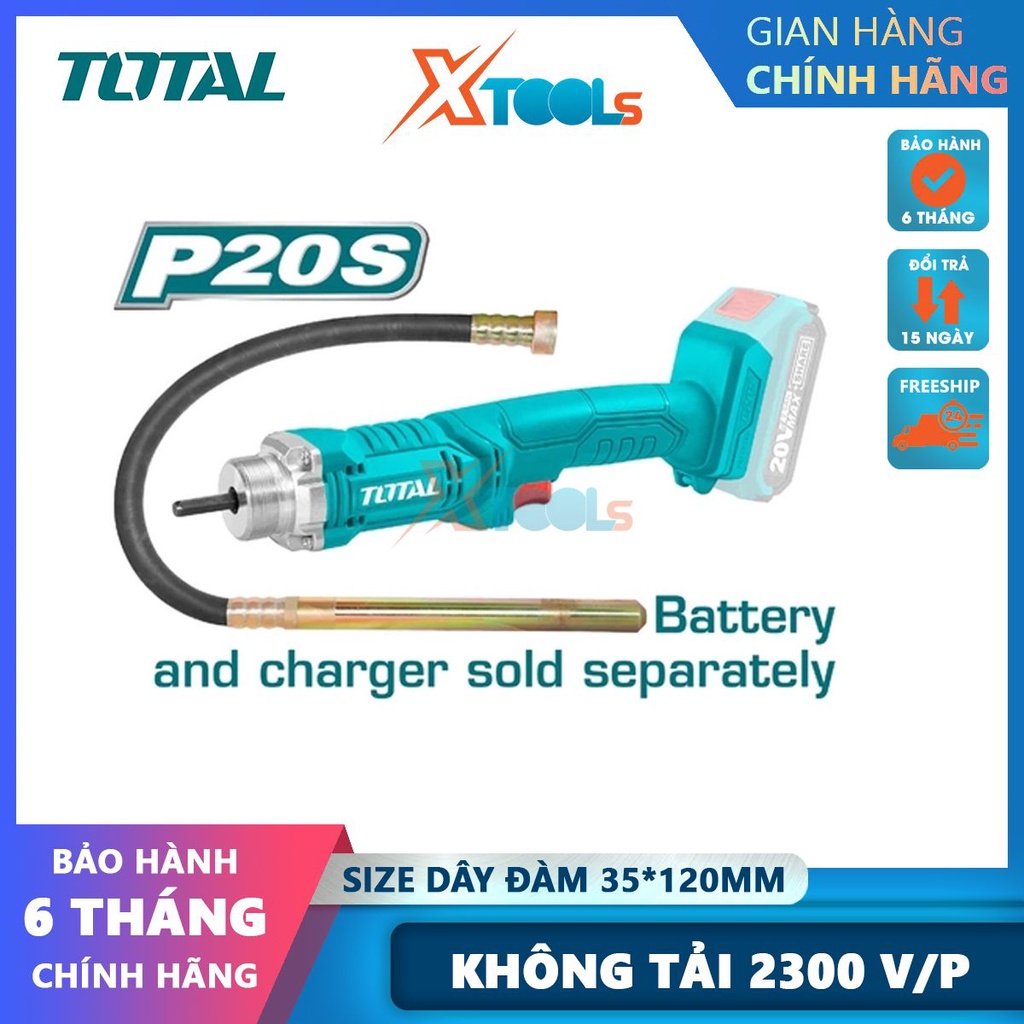 Máy đầm bê tông dùng pin Lithium-ion 20V TOTAL TCVLI2023013, kích thước dây đàm: Φ35x120mm, tốc độ -CHÍNH HÃNG-XTOOLS
